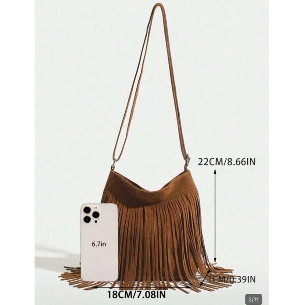 Boho Fringe Small Crossbody Bag Cognac Brown Concert Festival Western Purse NWT - Picture 9 of 10